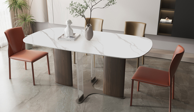 诺美帝斯 极简风格 防刮耐磨 雪山石亮光岩板+胡桃木皮+水晶板 1.4米 餐桌