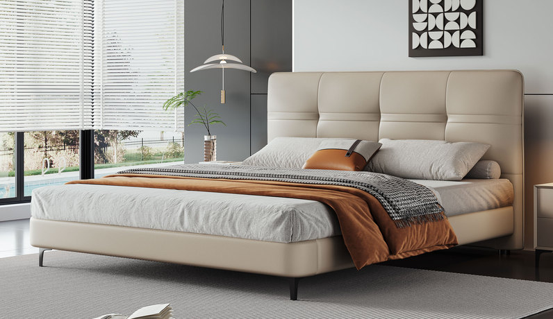 歌迪 【门店畅销】极简风格 高定头层黄牛皮 黄金坐靠倾角顺脊护腰舒适承托 高密度海绵饱满有型软弹释压+5A级俄罗斯进口落叶松实木框架 三面齐边节省空间 1.5*2.0米 浅卡其 真皮床（搭配10公分松木排骨架）