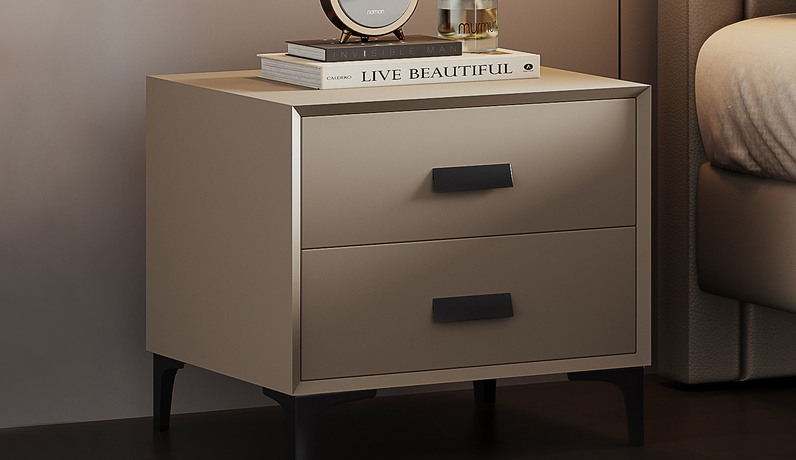 歌迪 极简风格 全实木柜体+松木抽屉 扪皮 浅卡其 床头柜