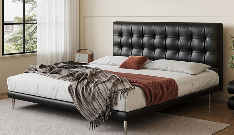 诺美帝斯 极简风格  华夫格落地床  亲肤细腻仿真皮+高回弹海绵+实木框架  1.8*2.0米床（搭配10公分松木排骨架）