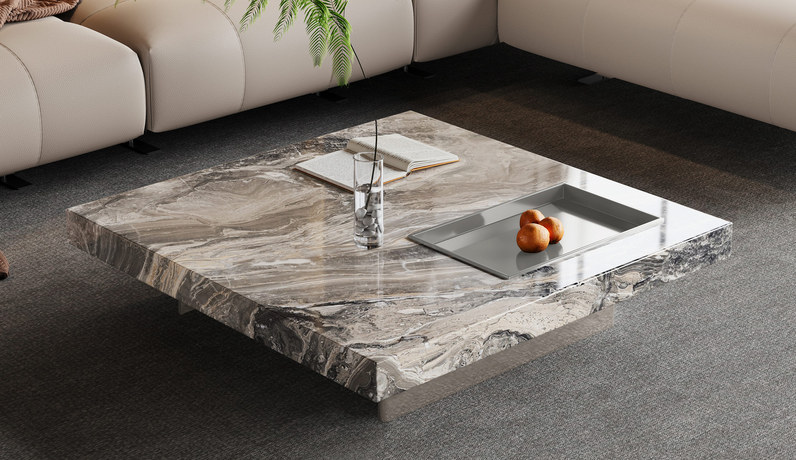 歌迪 极简风格 威尼斯棕防刮耐磨岩板 内嵌式托盘 枪灰色五金脚 1.2米 茶几