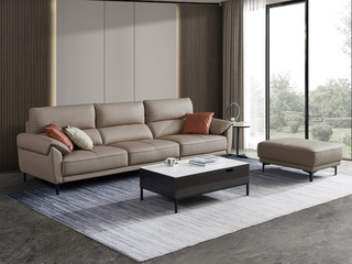  国际知名品牌 现代简约进口头层黄牛皮 俄罗斯云杉木实木框架 高密度高回弹海绵靠包 组合沙发（此产品有短途物流费）（四人位+脚踏 脚踏可左右移动）（不含抱枕）