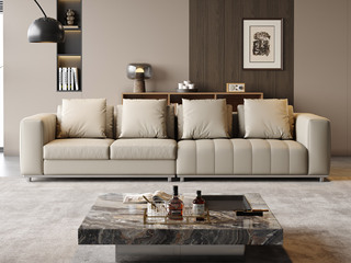  意式极简 钢琴键真皮沙发 高定头层黄牛皮 高性能不锈钢底架 杜克普双针缝纫 高品质天然羽绒+45D高密度海绵 强力释压 俄罗斯落叶松实木框架 米灰色 左钢琴键直排四人位沙发