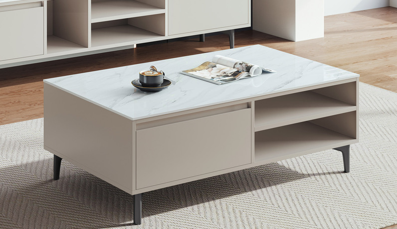 歌迪 极简风格 质感细腻平滑亮光岩板 大容量分格储物设计 加宽加深抽屉 稳定承重高碳素钢脚 1.2米茶几