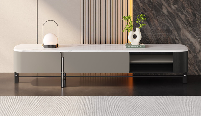 歌迪 极简风格 宽敞置物台面 细腻平滑微晶石 圆润边角防磕碰 缓冲导轨 坚实稳固实木脚 2.0米电视柜