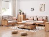 山有木兮 侘寂风 藤编设计 抗菌透气麂皮绒 高回弹海绵 橡胶实木框架 香槟色 2+3组合沙发