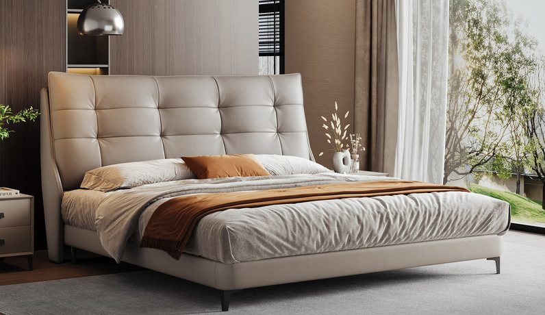 歌迪 极简风格 高定头层黄牛皮 饱满舒适均匀拉点软靠 放松身心不易变形 俄罗斯落叶松实木框架 卡其色 1.5*2.0米卧室双人齐边床（搭配10公分松木排骨架）