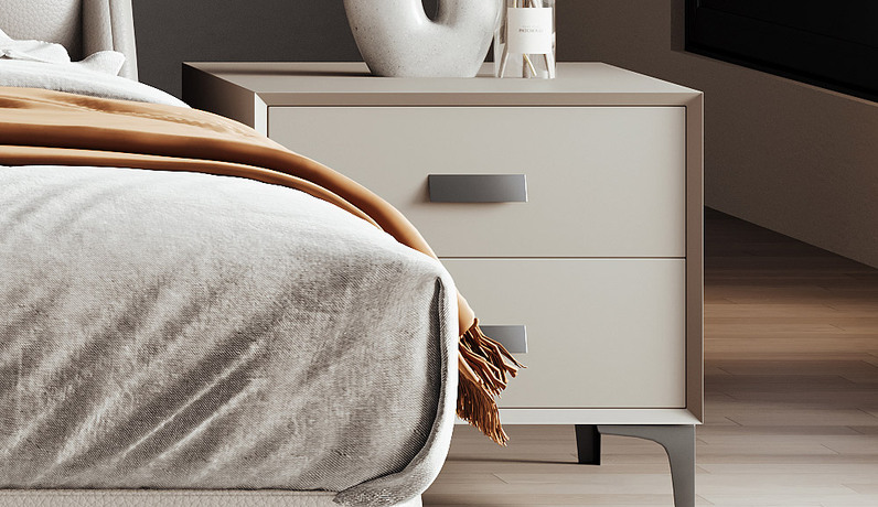歌迪 极简风格 全实木柜体+双面裥棉柜体+松木抽屉 扪皮 卡其色 床头柜