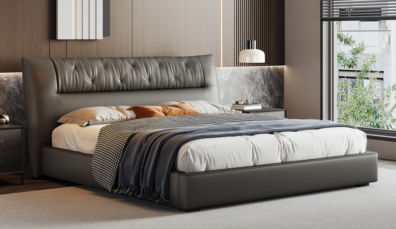 歌迪 极简风格 亲肤细腻舒适仿真皮 一体床头紧实拉扣 高回弹海绵 俄罗斯落叶松实木框架 墨绿色1.8*2.0米卧室双人床（搭配10公分松木排骨架）