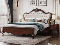 艾美利嘉 经典美式风格 森林舞会实木床 高品质色泽温润北美进口桃花芯木 舒适细腻仿真皮 波浪帷幔床头床尾 高密度饱满海绵靠背 三档安装调节 黑胡桃色 1.8*2.0米卧室双人床（搭配松木床板条）