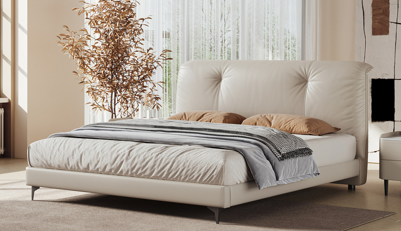 欧瑞仕 意式极简 天鹅真皮床 高定头层黄牛皮 轻盈蓬松极品羽绒 靠感舒适 微倾造型优雅天鹅曲线 高质感镀铬五金脚 1.8*2.0米真皮床（搭配10公分松木排骨架）