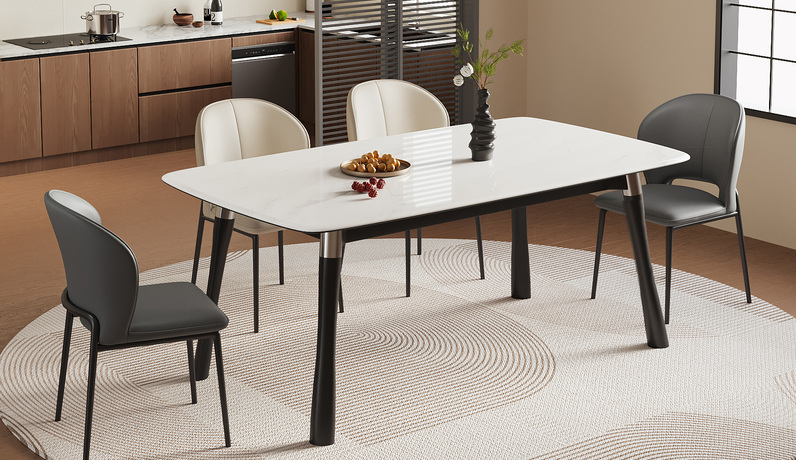 歌迪 极简风格 色泽通透卡尔曼灰微晶石 宽敞桌腿空间 不锈钢五金装饰 结实稳固实木桌脚 圆润边角 1.4米餐桌