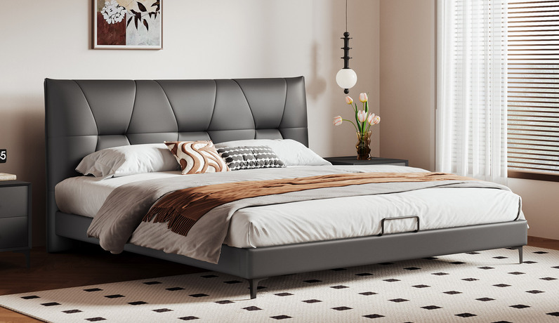 歌迪 极简风格 细腻柔软仿真皮 科学分段式承托 厚实饱满高密度海绵云端般靠感 高脚设计易清洁 进口俄罗斯落叶松实木框架  黑色 1.5*2.0米床（搭配10公分松木排骨架）