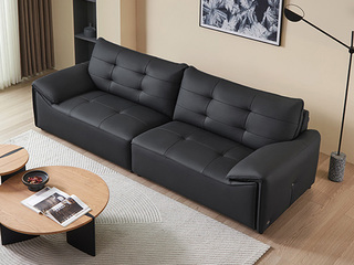  极简风格 黑巧云朵真皮沙发 纹理清晰进口头层牛皮 方块压纹设计 流线型分区靠背 黑色 三人位直排沙发（此产品有短途物流费）