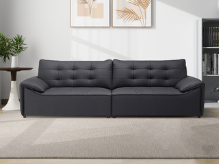  极简风格 黑巧云朵真皮沙发 纹理清晰进口头层牛皮 方块压纹设计 流线型分区靠背 黑色 四人位直排沙发（此产品有短途物流费）