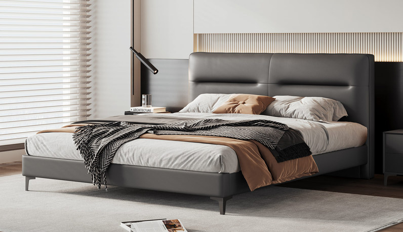 歌迪 极简风格 高定头层黄牛皮 立体方块拉点工艺 黄金分段式设计撑腰软靠 舒适倚靠分区承托 5A级进口俄罗斯落叶松实木框架 1.8*2.0米真皮床（搭配10公分松木排骨架）