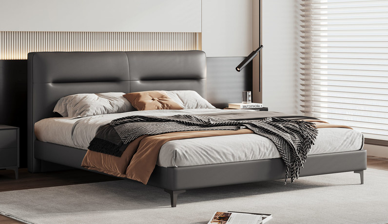 歌迪 极简风格 高定头层黄牛皮 立体方块拉点工艺 黄金分段式设计撑腰软靠 舒适倚靠分区承托 5A级进口俄罗斯落叶松实木框架 1.5*2.0米真皮床（搭配10公分松木排骨架）