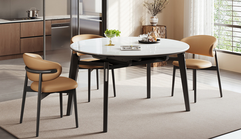 诺美帝斯 极简风格 优雅细花白微晶石伸缩台面 一桌多用全新体验 微倾稳固实木桌腿强承重无压力 高质感五金点缀精致耐看 可方可圆灵活搭配大小户型 1.3米 多功能餐桌