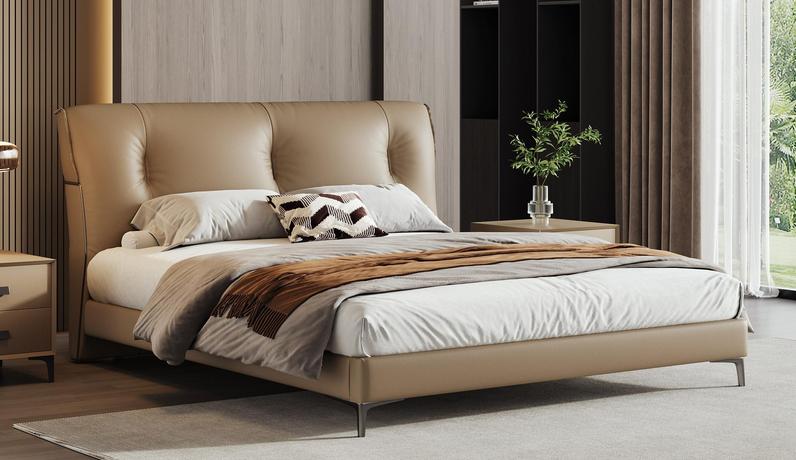 欧瑞仕 意式极简 海德薇真皮床 高定头层黄牛皮 饱满柔软羽绒酥软蓬松靠包 双侧五金条有力承托 时尚拉扣工艺设计 高密度回弹海绵舒缓释压 俄罗斯进口落叶松实木框架 1.8*2.0米真皮床（搭配10公分松木排骨架）