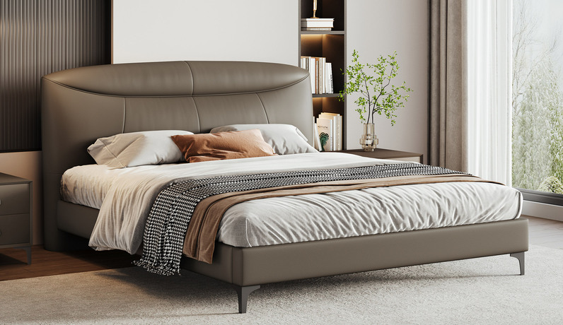 歌迪 极简风格 高定头层黄牛皮 优雅灵动微笑曲线分段靠背 饱满舒适高密度海绵 俄罗斯落叶松实木框架 1.8*2.0米真皮床 （搭配十公分松木排骨架）