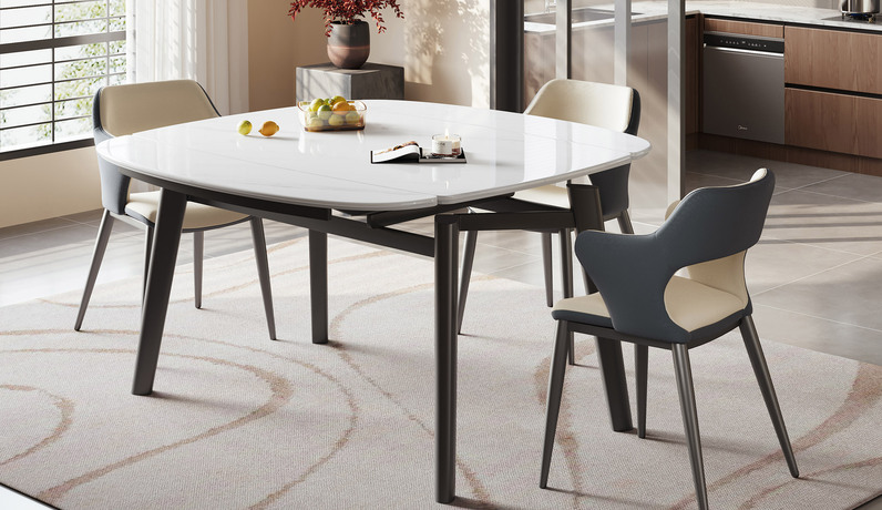 欧瑞仕 极简风格 路德赛斯餐桌 通透易洁微晶石 伸缩功能桌面切换自如方圆两用 灵活适配大小户型 隐藏式折叠桌板 流线弧边设计 坚实稳固实木腿 1.3米 伸缩跳台多功能餐桌