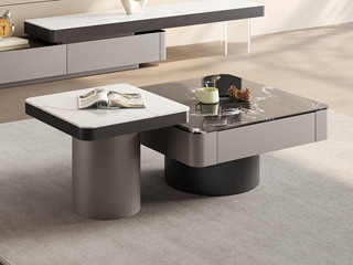  极简风格 优雅黑玫瑰微晶石茶几+白兰玉微晶石角几 设计感拼色组合 纹理自然红橡木皮 高质感金属烤漆 茶几组合