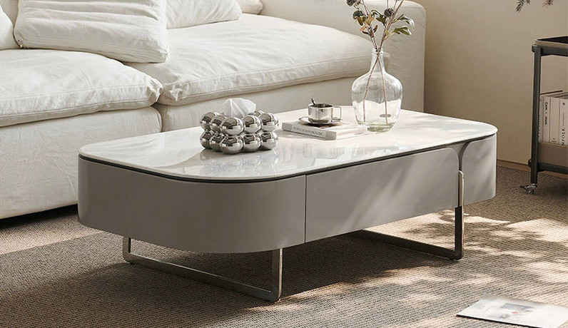 欧瑞仕 意式极简 半夏茶几 纹理通透微晶石 圆润灵动造型 双面两抽大容量储物 嵌入式不锈钢有力承托 高脚设计易清洁 茶几