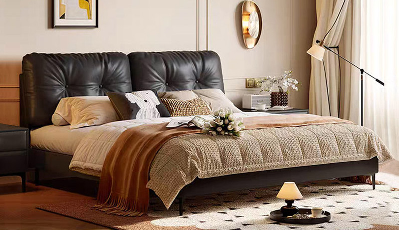 歌迪 极简风格 欧姆真皮床 绵软轻盈高级羽绒+舒适回弹高密度海绵黄金配比宽大柔软床屏 蓬松软弹靠包全方位释压 云端靠感 齐边设计节省空间 1.8*2.0米真皮床（搭配10公分松木排骨架）