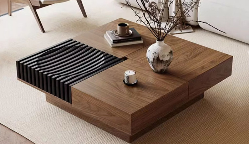 罗曼仕 极简风格 魔方茶几 纹理自然北美黑胡桃木+实木 推拉台面储物柜收纳有术 全落地式结构撞色搭配 茶几