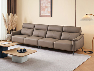  极简风格 甄选柔软细腻头层牛皮 加高一体靠包完美贴合 流线扶手设计 双层海绵填充 浅咖色 直排沙发 四人沙发（此产品有短途物流费）