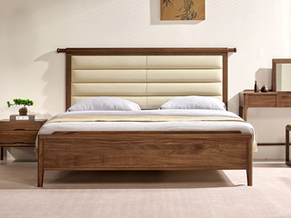  宋式美学 官帽床 精选级进口胡桃木 细腻柔韧仿真皮 分段靠包有力承托 高回弹高密度海绵 1.8*2.0米卧室双人床（搭配松木床板条）（实木纹理自然生成 每一块木材纹理、颜色天然独一无二）