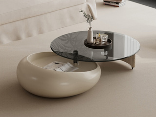  意式极简 旋影茶几  可伸缩台面小户型专属设计 可360°旋转柜体 自然裂变纹支撑腿 通透亮丽钢化玻璃 茶几（标配灰色玻璃）