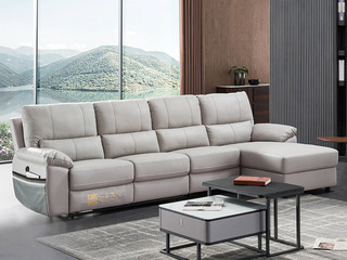  现代简约 头层牛皮+实木框架+公仔棉 120-150°电动沙发 澄净灰 3+1+左贵妃（此产品有短途物流费）