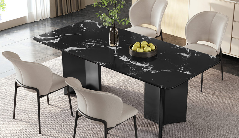 欧瑞仕 意式极简 擎云餐桌 细腻隽永 精致浪漫极品黑玫瑰微晶石 奔驰造型不锈钢灰钢拉丝脚 1.4米 餐桌