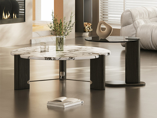  意式极简 水墨茶几 温润光滑大理石 纹理细腻实木脚 三角支撑结构稳固承重 圆润弧形防磕碰 茶几