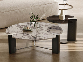  意式极简 水墨茶几 温润光滑大理石 进口白蜡木加粗实木脚  三角支撑结构稳固 高低组合设计 自由摆放灵活搭配 圆润弧形防磕碰 茶几