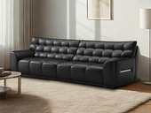 左右沙发 极简风格 大黑熊真皮沙发 进口头层牛皮 云端坐感舒适躺卧 饱满拉点靠包 敦实宽厚圆润扶手 侧边精致金属装饰 黑色 四人沙发（此产品有短途物流费）