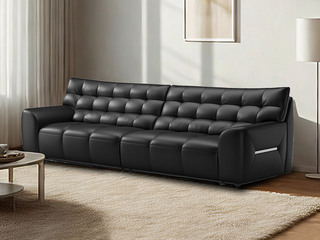  极简风格 大黑熊真皮沙发 进口头层牛皮 云端坐感舒适躺卧 饱满拉点靠包 敦实宽厚圆润扶手 侧边精致金属装饰 黑色 四人沙发（此产品有短途物流费）