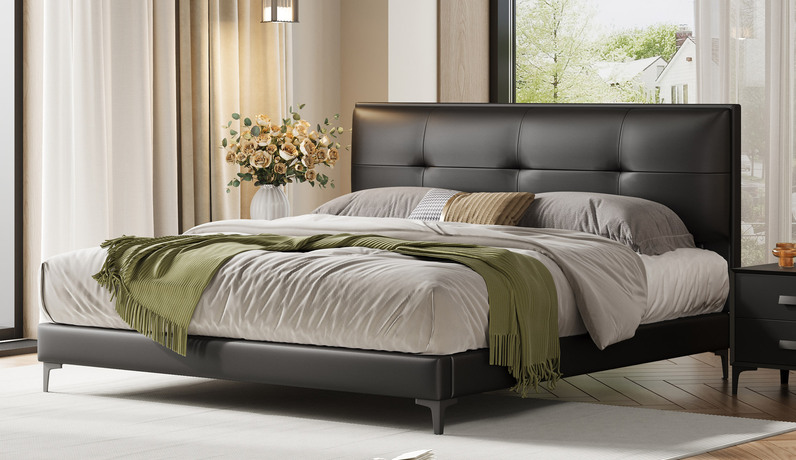 歌迪【热门推荐】极简风格 细腻柔韧仿真皮 0靠墙设计 极致省空间 告别拥挤感 高密度海绵饱满有型软弹释压+5A级俄罗斯落叶松实木框架 黑色普通款 1.5*2.0米齐边床（搭配10公分松木排骨架）