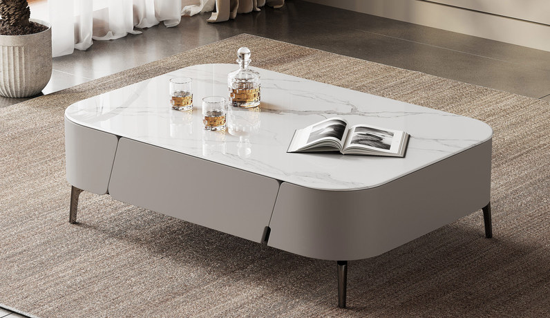 歌迪 极简风格 纹理细腻微晶石 大容量储物抽屉 贴心设计安全圆弧边角 升级静音防夹手缓冲滑轨 光洁优质烤漆 易清洁不锈钢电镀高脚 1.3米微晶石茶几