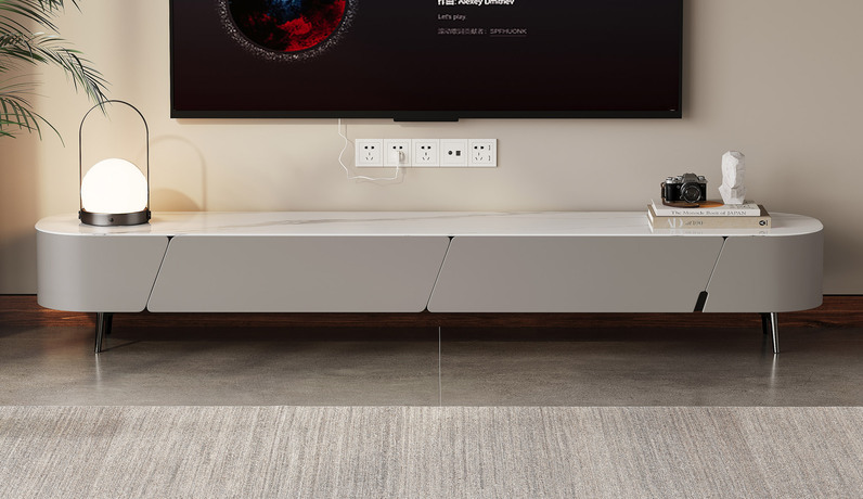 歌迪 极简风格 纹理细腻微晶石 大容量储物抽屉 贴心设计安全圆弧边角 升级静音防夹手缓冲滑轨 光洁优质烤漆 易清洁不锈钢电镀高脚 2.0米 微晶石电视柜