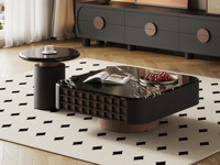 罗曼仕 中古风 复古优雅黑金沙微晶石 经典方圆组合设计感田字格造型 高级缓冲导轨 优质钢琴烤漆 大容量储物抽屉 茶几+角几  组合