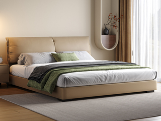  意式极简 大象耳朵真皮床 豪奢大面积真皮床头 高定头层黄牛皮 巨量蓬松羽绒+高密度海绵软弹大靠包 俄罗斯落叶松实木框架 1.5*2.0米床（搭配10公分松木排骨架）