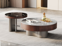 罗曼仕 中古风 细腻柔滑易清洁微晶石 经典黑白配色 艺术胡桃木纹理 优质金属漆 亚克力脚小圆角几 茶几组合