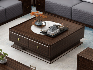  新中式 甄选进口金丝檀+乌金木 细腻柔滑岩板 厚实框架方正美学 四周围边防掉落 乌金色 1.2米 茶几