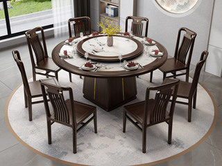  新中式 甄选进口金丝檀+乌金木  高质柔滑岩板 金色装饰线条 乌金色 1.6米 餐桌（搭配100公分转盘）