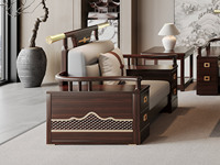 云柚居 新中式 进口实木沙发 多抽屉储物扶手设计 细腻舒适猫抓皮 竖线拉点饱满靠背 雕花工艺 单人位沙发