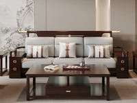 云柚居 新中式 进口实木沙发 多抽屉储物扶手设计 细腻舒适猫抓皮 竖线拉点饱满靠背 雕花工艺 三人位沙发