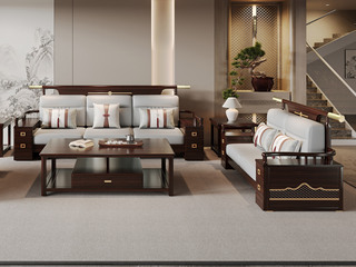  新中式 进口实木沙发 多抽屉储物扶手设计 细腻舒适猫抓皮 竖线拉点饱满靠背 雕花工艺 沙发组合 双人位+三人位