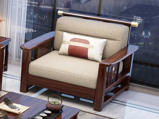  新中式 进口实木沙发  自然清晰实木纹理 透气亲肤棉麻布 镂空靠背扶手 金色装饰线条 单人位沙发